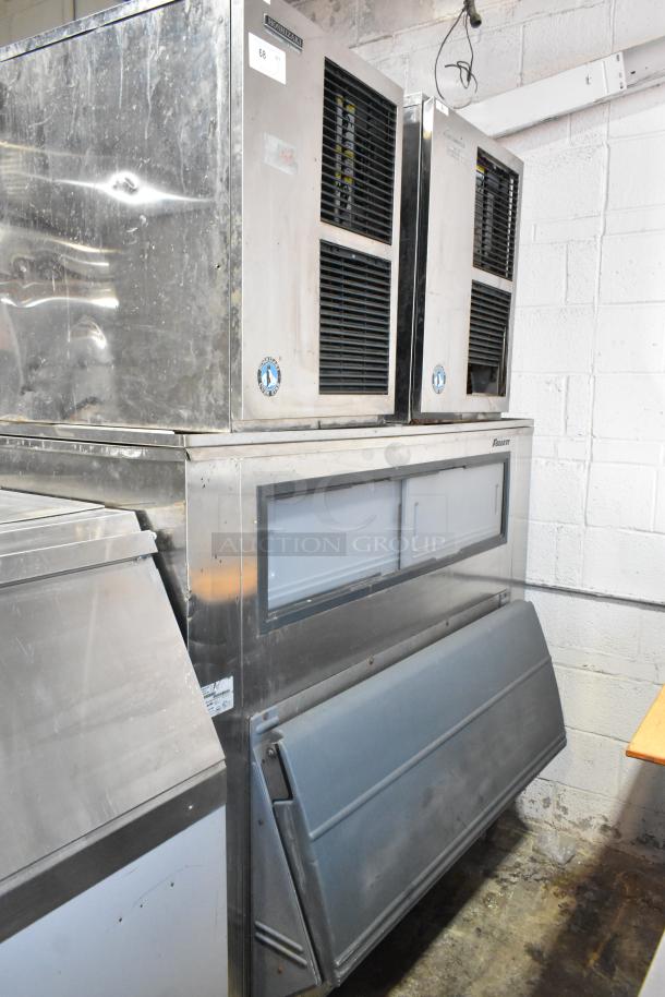 2 Hoshizaki F-1000MRB ice heads on Follett LSG1 ice bin, metal finish, 208-230V, 1 phase, commercial use.