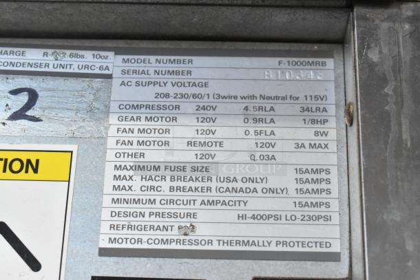 Label detailing specs for Hoshizaki F-1000MRB Ice Head; 208-230V, 1 Phase, with compressor and motor specifications.