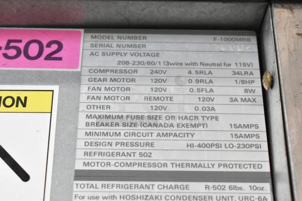 2 Hoshizaki F-1000MRB ice heads on Follett LSG1 ice bin label, showing voltage, motor specs, and pressure details.