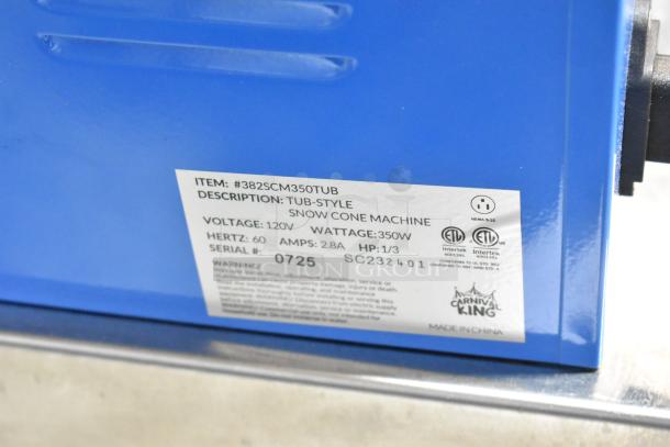 Brand new Carnival King 382SCM350TUB ice shaver, scratch and dent, 120V, tub-style, 350W, serial SC232401.