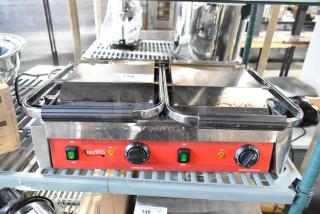 Brand new Avantco 177PG400 stainless steel dual panini grill, grooved plates, 19 5/8"x9 1/8" surface, 120V, 1 phase.