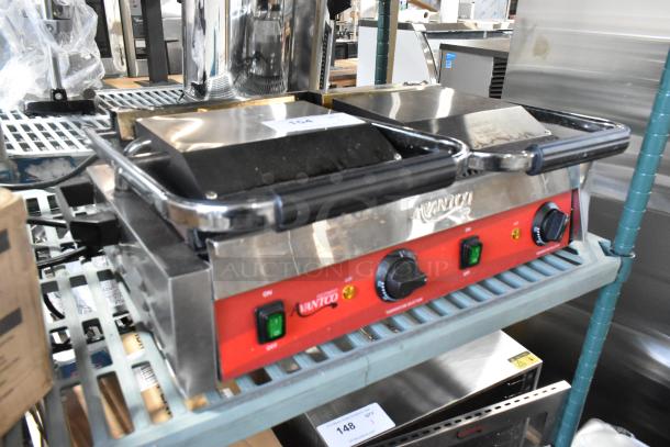Brand new Avantco 177PG400 dual panini grill, stainless steel, grooved plates, 19 5/8" x 9 1/8" surface. Scratch and dent.