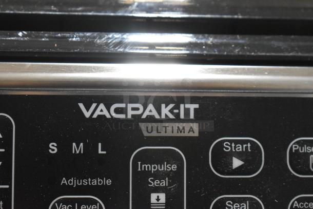 BRAND NEW VacPak-It Ultima UVME12SS Vacuum Packing Machine with control panel details showing brand and model.
