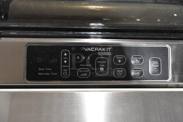 Brand new VacPak-It Ultima UVME12SS vacuum packing machine, 12" seal bar, roll cutter, dual piston dry pump, 120V, 460W.
