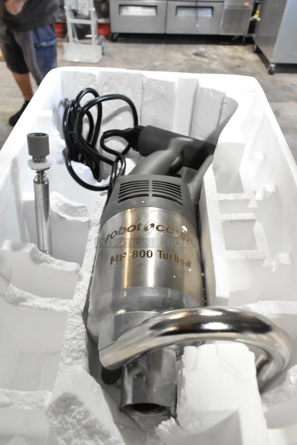 Brand new Robot Coupe MP 800 Turbo 29" immersion blender, single speed, 1 3/5 HP, 120V, with visible scratch and dent.