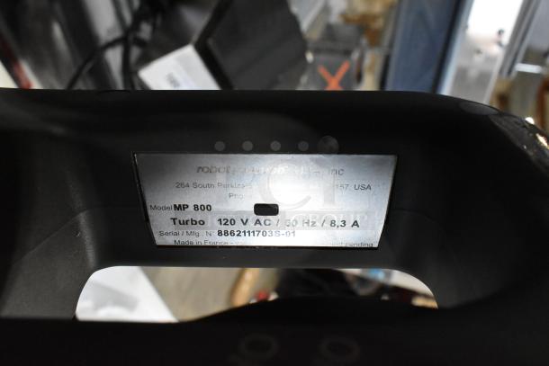 Brand new Robot Coupe MP 800 Turbo immersion blender label. Model MP 800, 120V, 60Hz, 8.3A. Serial No. 8862111703S-01.