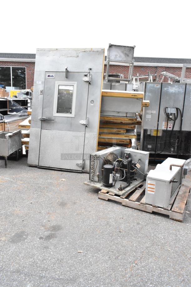 Bally Walk In Box with BEHA015E6-HS2B-B compressor, 208-230V, 1 phase, includes Bally evaporator fan, visible label with brand.
