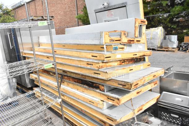 Bally Walk In Box with BEHA015E6-HS2B-B compressor, evaporator fan; used, visible wear, stack of disassembled panels.