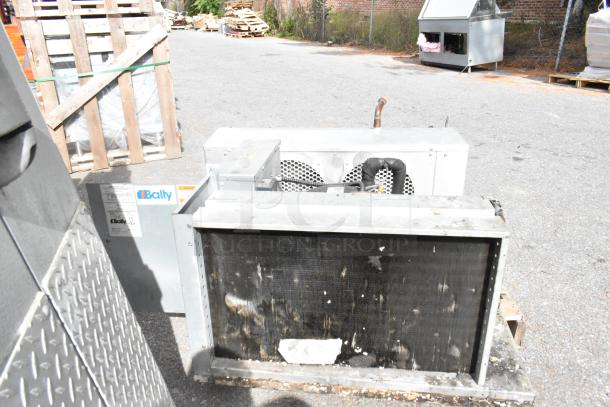 Bally Walk In Box with BEHA015E6-HS2B-B compressor and evaporator fan, 208-230V, 1 phase. Minor wear visible.