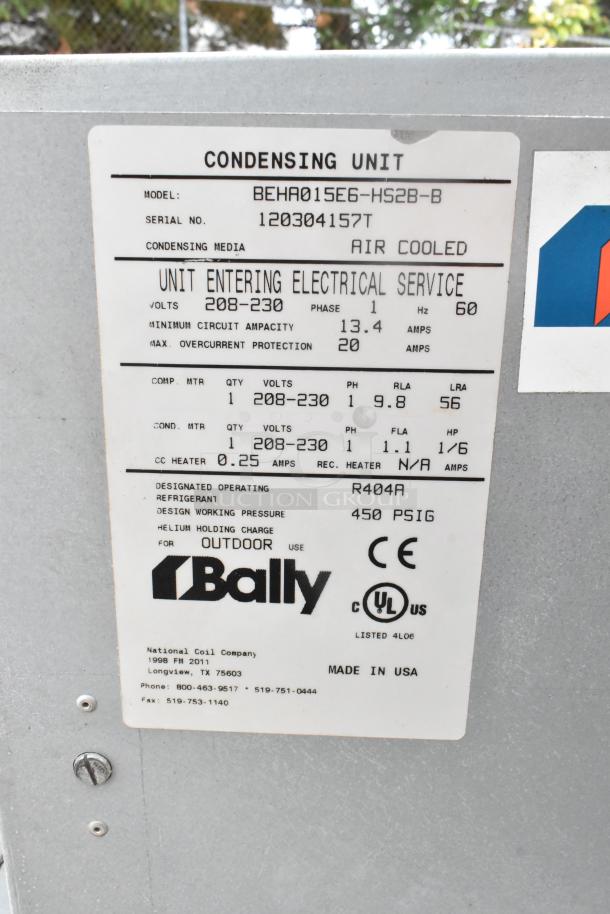 Bally Walk In Box label, model BEHA015E6-HS2B-B, 208-230 Volt, 1 Phase Compressor. Air cooled, for outdoor use.