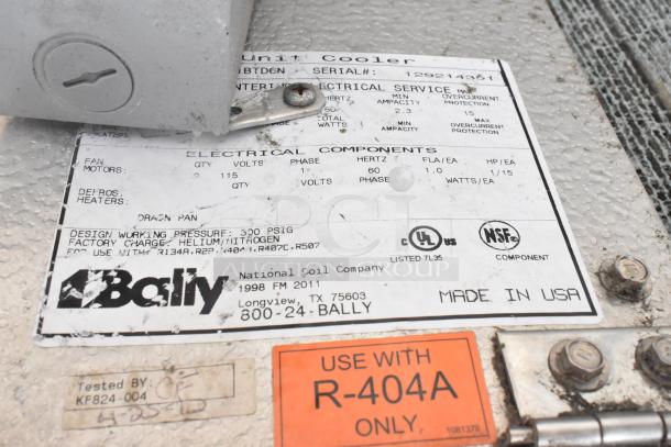 Bally Walk In Box label showing model BEHA015E6-HS2B-B specs, UL and NSF certifications, and "Use with R-404A Only" notice.