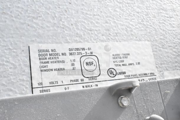Bally Walk In Box label showing serial DX1205799-01, model 3677.375-3-W, indicating 1.12 A door heater, NSF, UL listed.