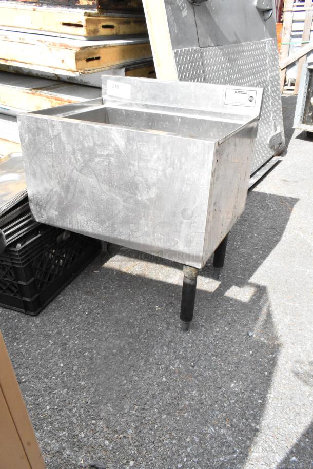Krowne 18-24 stainless steel ice bin, good condition, missing two legs, features visible labels and markings.