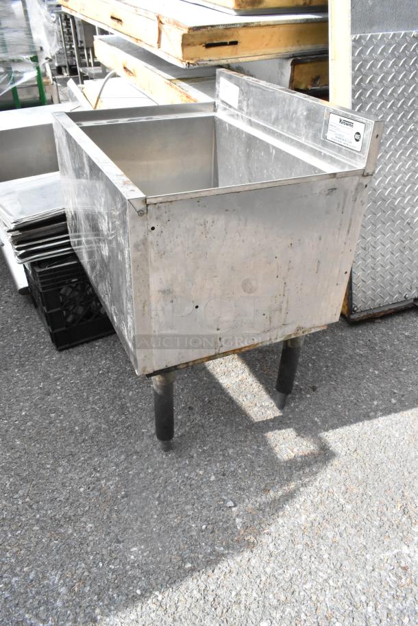 Krowne 18-24 stainless steel ice bin, missing 2 legs, fair condition, visible label.