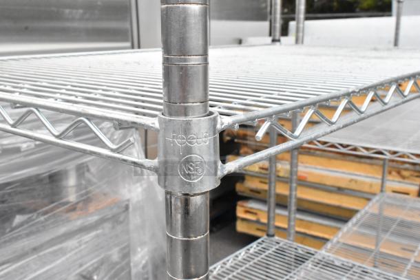 Chrome finish 3-tier wire shelving unit on commercial casters, Focus brand, features durable construction and NSF marking.