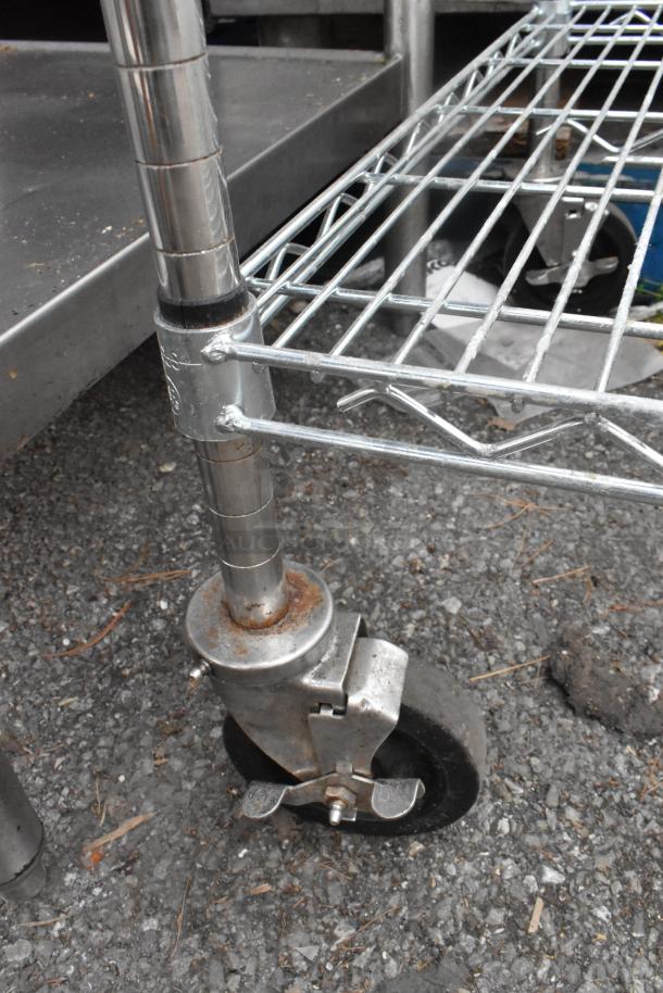 Chrome 3-tier wire shelving unit on commercial casters, worn condition, dismantling and freight required.