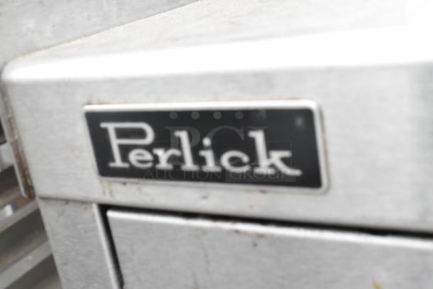 Perlick stainless steel single bay sink with visible brand label, showcasing its durable metal finish.
