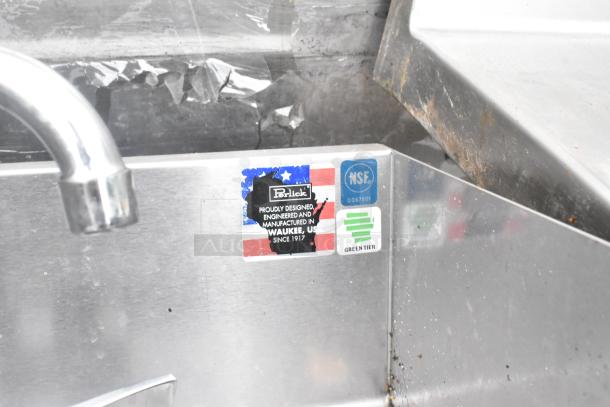 Perlick stainless steel single bay sink with NSF and Green Tier labels. Made in Waukee, USA. Shows some wear.