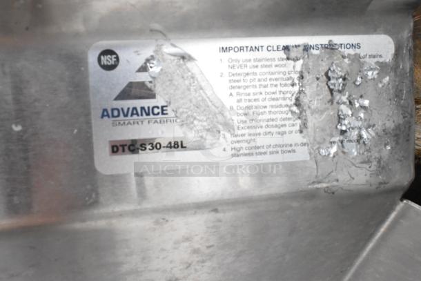 Advance Tabco DTC-S30-48L stainless steel dishwasher table, left side clean, no legs. Features cleaning instructions.