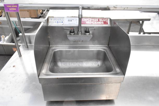 Stainless steel wall mount sink, single bay, with faucet and handles, "Select Stainless" label, "Employees Must Wash Hands" sign.