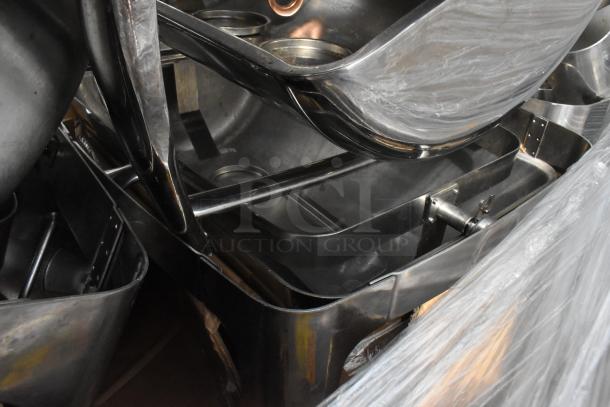 Uline Green Metal U Boat on casters, filled with sous vide equipment and metal chafer frame, good condition.