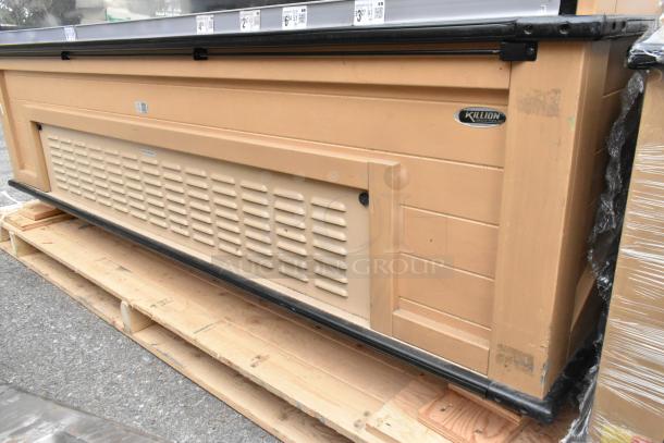 2018 Killion PFW-74-46-48-V-N-MOBILE metal merchandiser, open design, beige finish, 208/230V, displayed on wooden pallet.