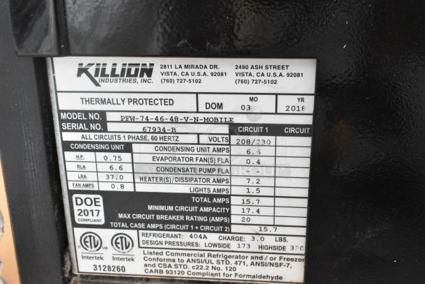 Label on 2018 Killion PFW-74-46-48-V-N-MOBILE Grab N Go Merchandiser, showing model info, serial number, voltage, and compliance details.