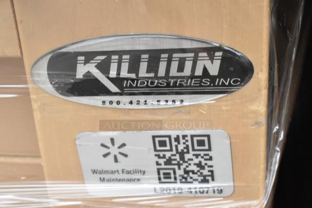 2018 Killion PFW-74-46-48-V-N-MOBILE metal merchandiser, 208/230V, 1 phase, with Killion Industries label and QR code.