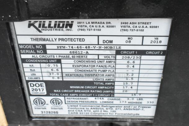 Label on 2018 Killion PFW-74-46-48-V-N-MOBILE Merchandiser, showing model info, 208/230V, 1-phase, serial 68612-A.