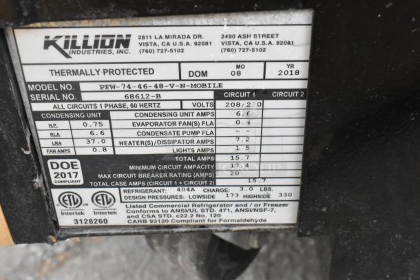 Label on a 2018 Killion PFW-74-46-48-V-N-MOBILE Grab N Go Merchandiser. Shows model, serial number, electrical specs.
