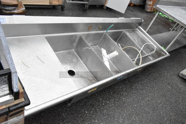 Stainless Steel 3 Bay Sink with Dual Drain Boards, no legs. Features durable construction and visible drain fittings.
