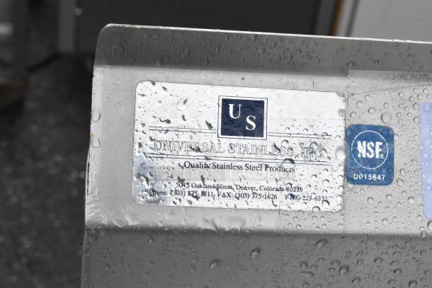 Stainless steel table with under shelf, backsplash, and NSF certification. Universal Stainless tag indicates quality products.