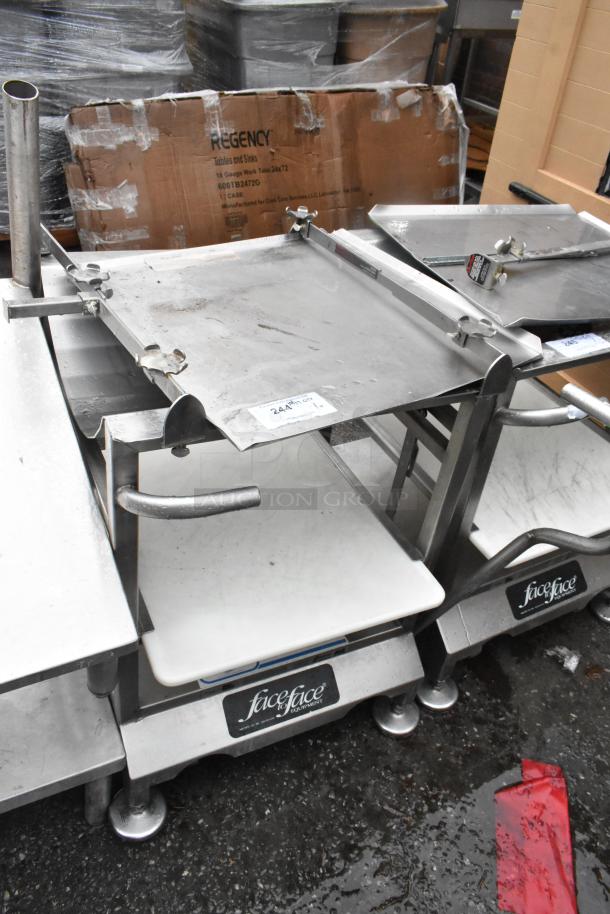 Face to Face stainless steel commercial meat slicer stand, sturdy design, good condition, logo visible on base.