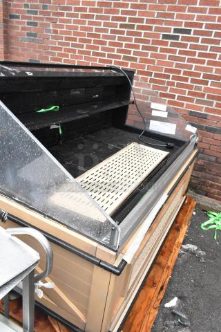 Killion PFW-74-43-48-V-N-MOBILE metal open merchandiser, 208/230V, 1 phase, clear panels, minor wear, outside brick background.