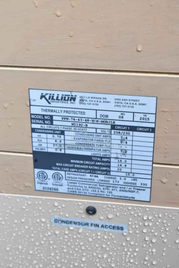 Killion PFW-74-43-48-V-N-MOBILE metal merchandiser, commercial use, 208/230V, 1 phase, pristine label with key specs.