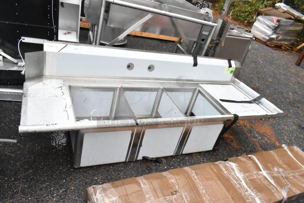 Brand new Regency 600DDTS384RT 16-gauge stainless steel dish table with 3-compartment sink, right drainboard, no legs. Signs of scratches and dents present.