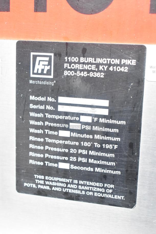 Douglas SD-20-E-480/3 stainless steel front load pot and pan washer label; specifies wash and rinse settings.
