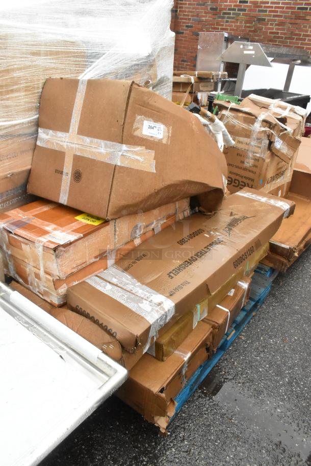 Ten brand new scratch and dent items in boxes, including Regency overshelf, table base, and Steelton work table.