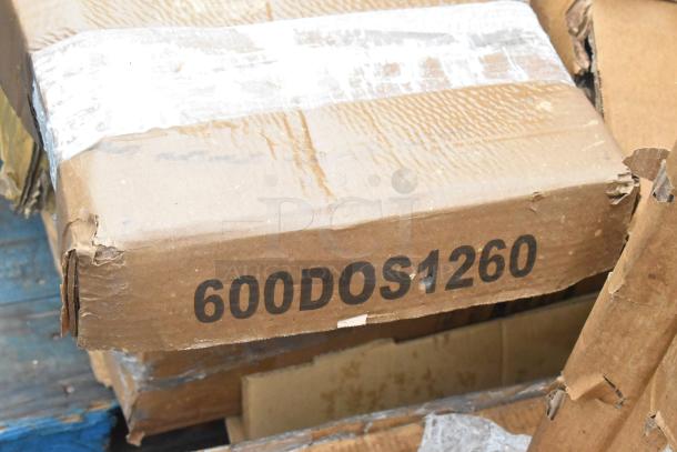 Cardboard box labeled "600DOS1260," likely containing a Regency Stainless Steel Double Deck Overshelf. Box shows slight wear.