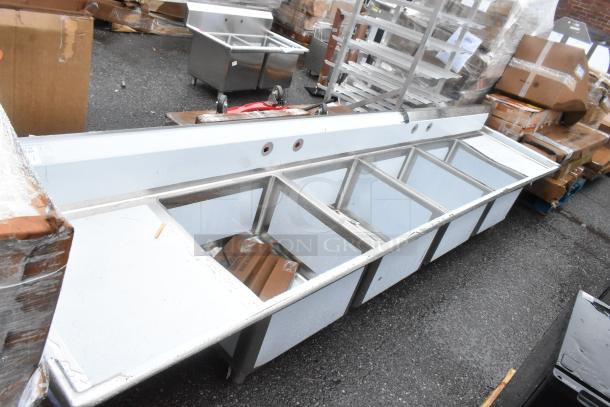 BRAND NEW SCRATCH AND DENT Regency 600S42424224 stainless steel 4 bay sink with dual drain boards, no legs included.