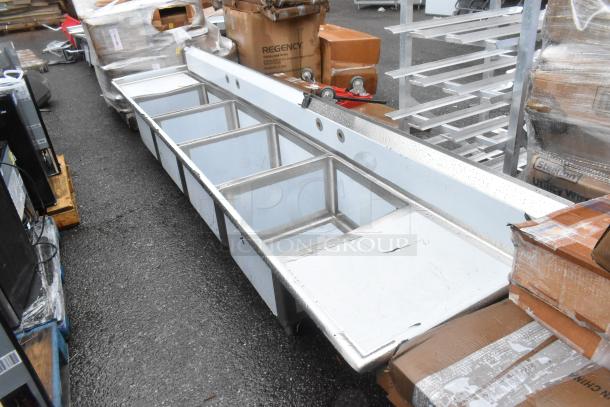 BRAND NEW Regency 600S42424224 stainless steel 4 bay sink with dual drain boards, no legs, scratch and dent condition.