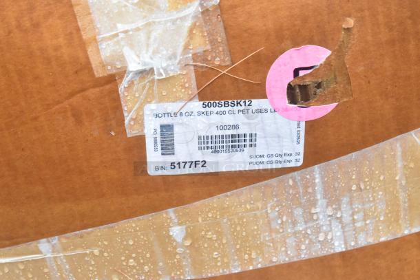 Label on cardboard box: "500SBSK12 8 oz. Skep PET Bottle, 400 Case Qty." Shows item bin number 5177F2.