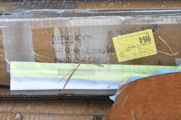 Cardboard packaging for Regency 64" NSF Green Epoxy Mobile Shelving Post. Partial label visible, marked "0-666".