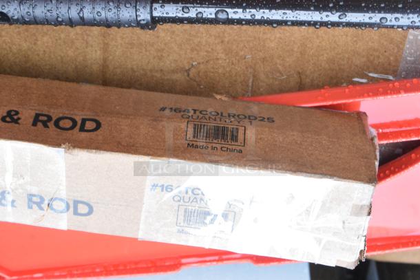 Cardboard box labeled "164TCOLROD25" with red dolly in background; item is new and made in China.