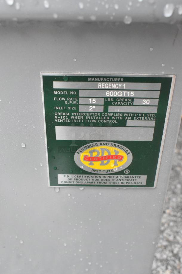 Brand new Regency 600GT15 grease trap, 15 GPM, 30 lb. capacity, 2" non-threaded connections. P.D.I. certified.