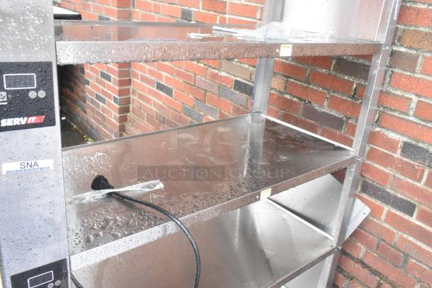 BRAND NEW SCRATCH AND DENT ServIt 4 Tier Stainless Steel Warming Display Case, 115V, 1 Phase, minor scratches visible.