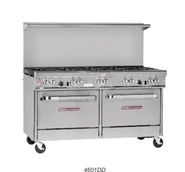 Brand new Southbend 4601DD-7N stainless steel 10 burner range with double oven, back splash, overhead salamander shelf, in crate.