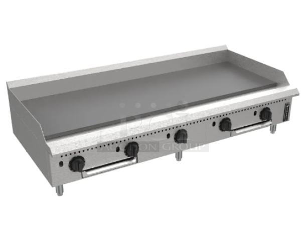 Venancio 2021 stainless steel 60" flat griddle, model RCPGT60GCT; natural gas, with back and side splash, on legs.
