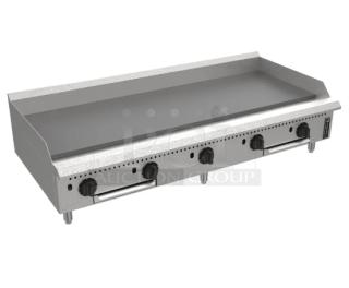 Venancio 2021 stainless steel 60" flat griddle, model RCPGT60GCT; natural gas, with back and side splash, on legs.