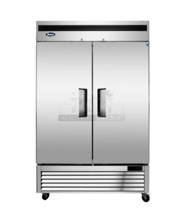 Atosa MBF8503GR stainless steel 2-door vertical reach-in freezer, scratch-and-dent, model 2024, on casters, 115V 1 Phase.